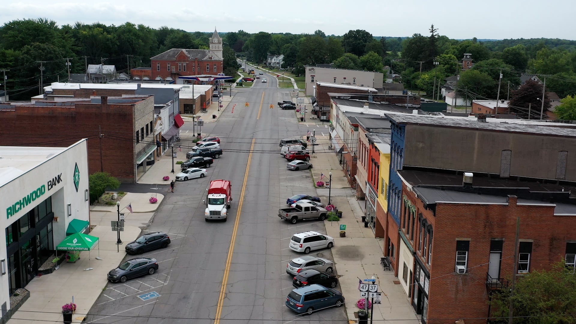 Aerial view of a small-town Ohio main street